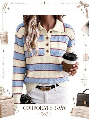 Cable Knit Striped Polo V Neck Pullover Sweater Loose Oversized Long Sleeve